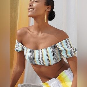 Lemlem Bikini Set Neela Pouf Top/String Bikini Bottom Size XL Blue Yellow Black